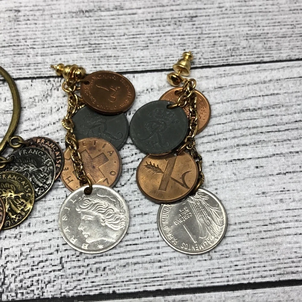Curated bundle lot 2 coin charm boho style statement earrings long.